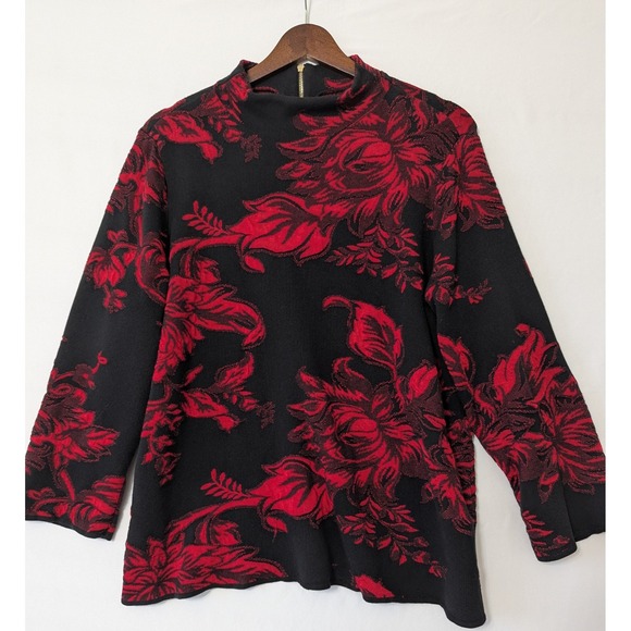 Chico's‎ Floral Jacquard Mock Neck Pullover Sweater Black Red XL Dark Romantic - Picture 1 of 7